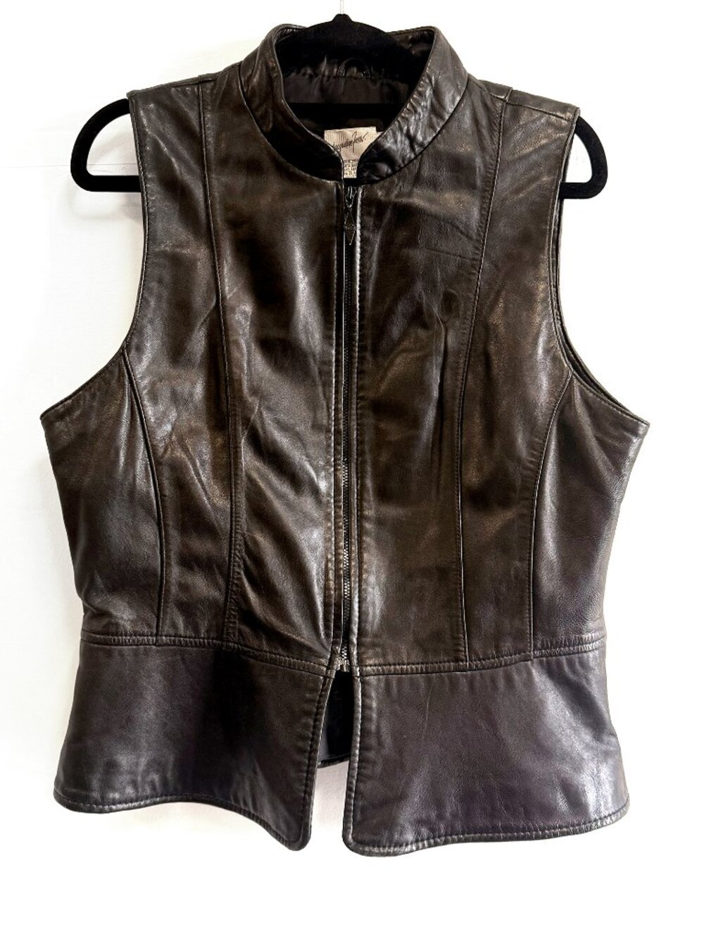 Vintage Jacqueline Ferrar Black Leather Moto Vest Genuine Leather Fitted Zip Fro